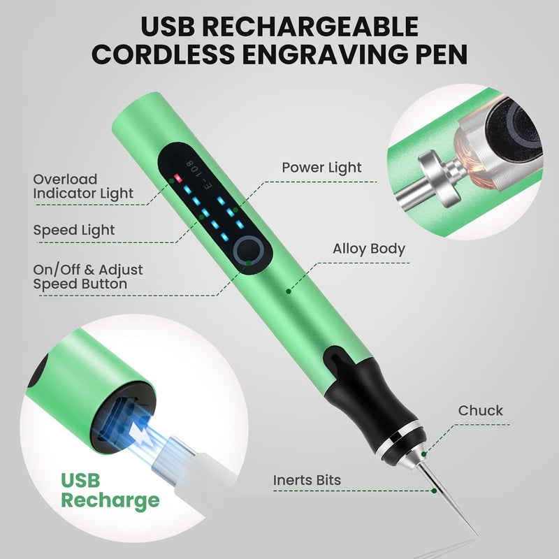 Timntts Electric Engraving Pen with 37 Bits, USB Rechargeable Cordless Etching Engraving Tool, Portable DIY Rotary Engraver for Jewelry Wood Glass Stone Carving (Green) - Image 2